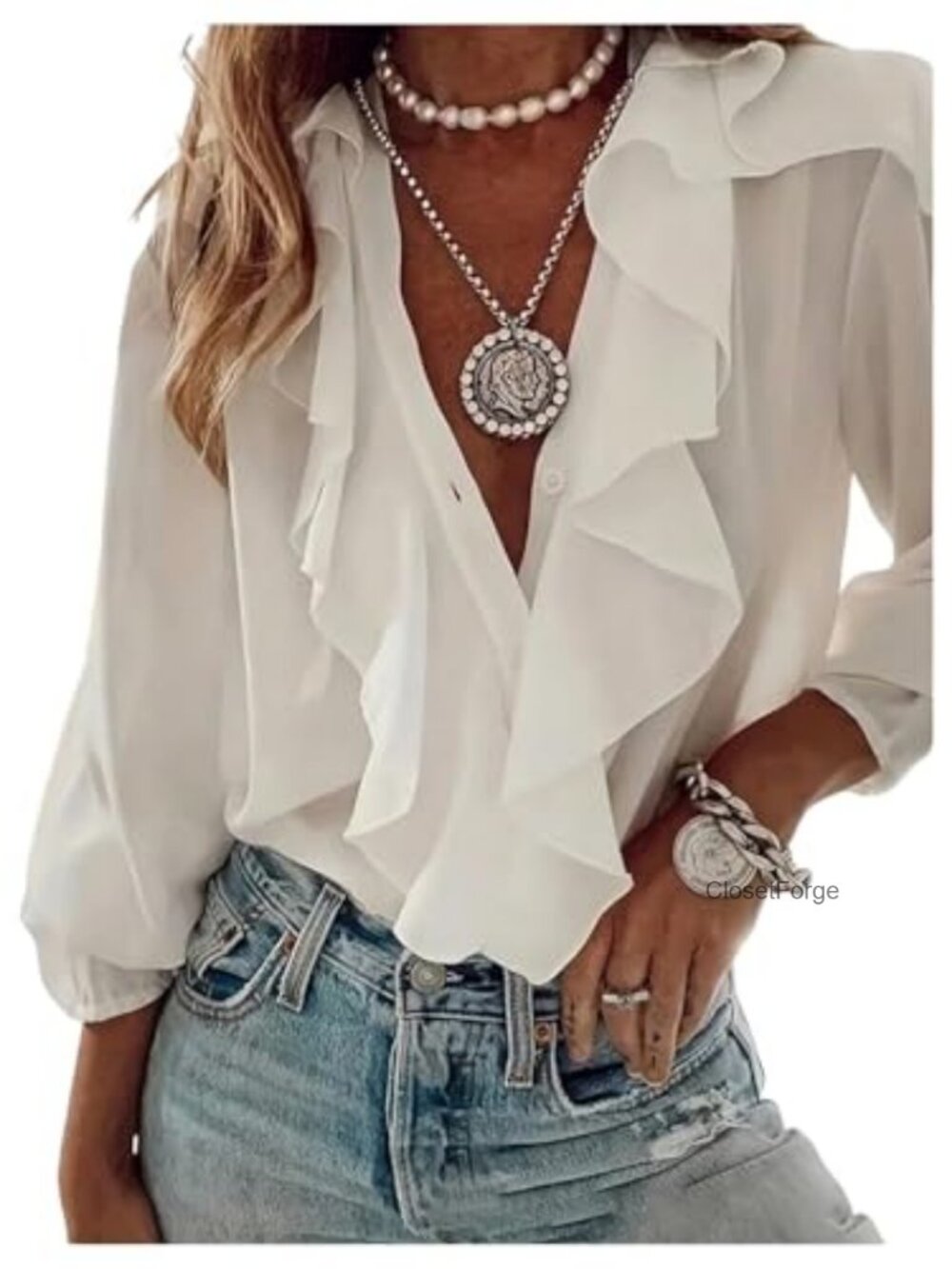 Women's Ruffle V-Neck Button Down Blouse 3/4 Sleeve Business Casual Top